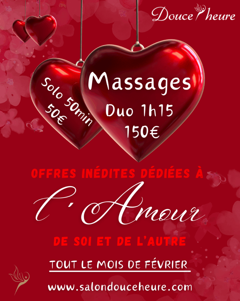 Promotion Massages Duo & Solo février : Saint-Valentin Cœurs rouges brillants annonçant les Massages Douce Heure. Offre Duo 1h15 150€ et Solo 50min 50€. Promotions Amour de soi, février.